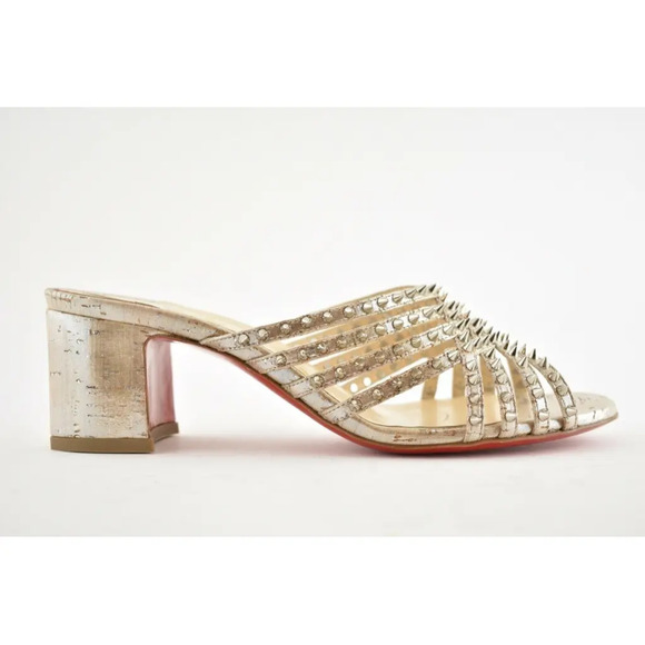 Christian Louboutin Marthaspike 55 Silver Open Sandal Mule Block Heel Pump 36.5 - Picture 2 of 12